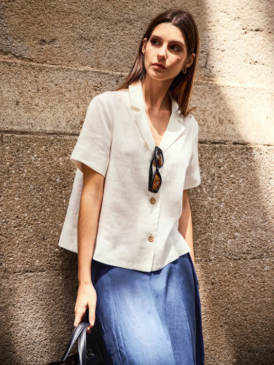 100% Linen Button-Up Short Sleeve Shirt ORENDA