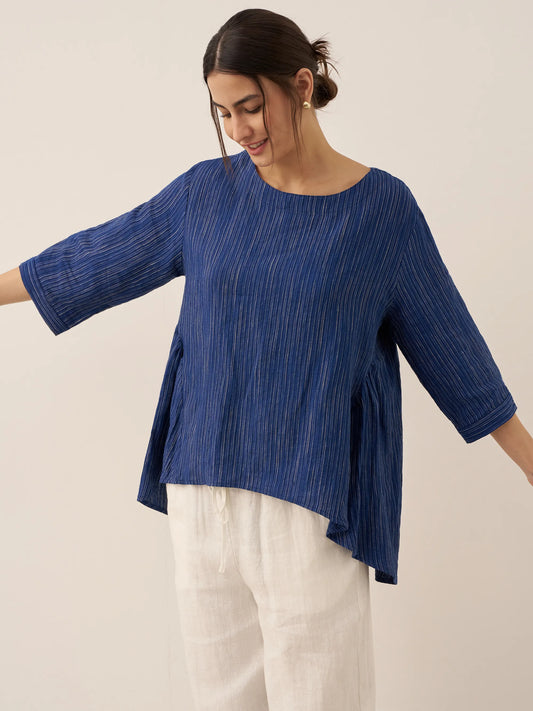 100% Linen Round Neck Artistic Stripe Top FLORENCE
