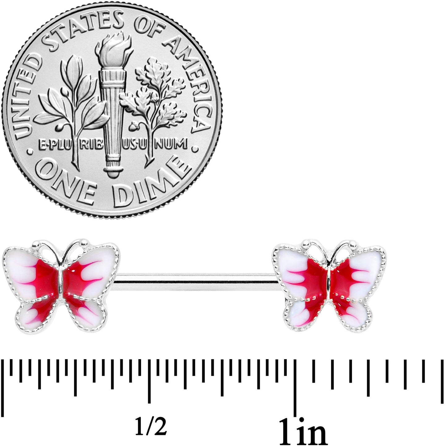 14G 9/16 White Red Butterfly Barbell Nipple Set