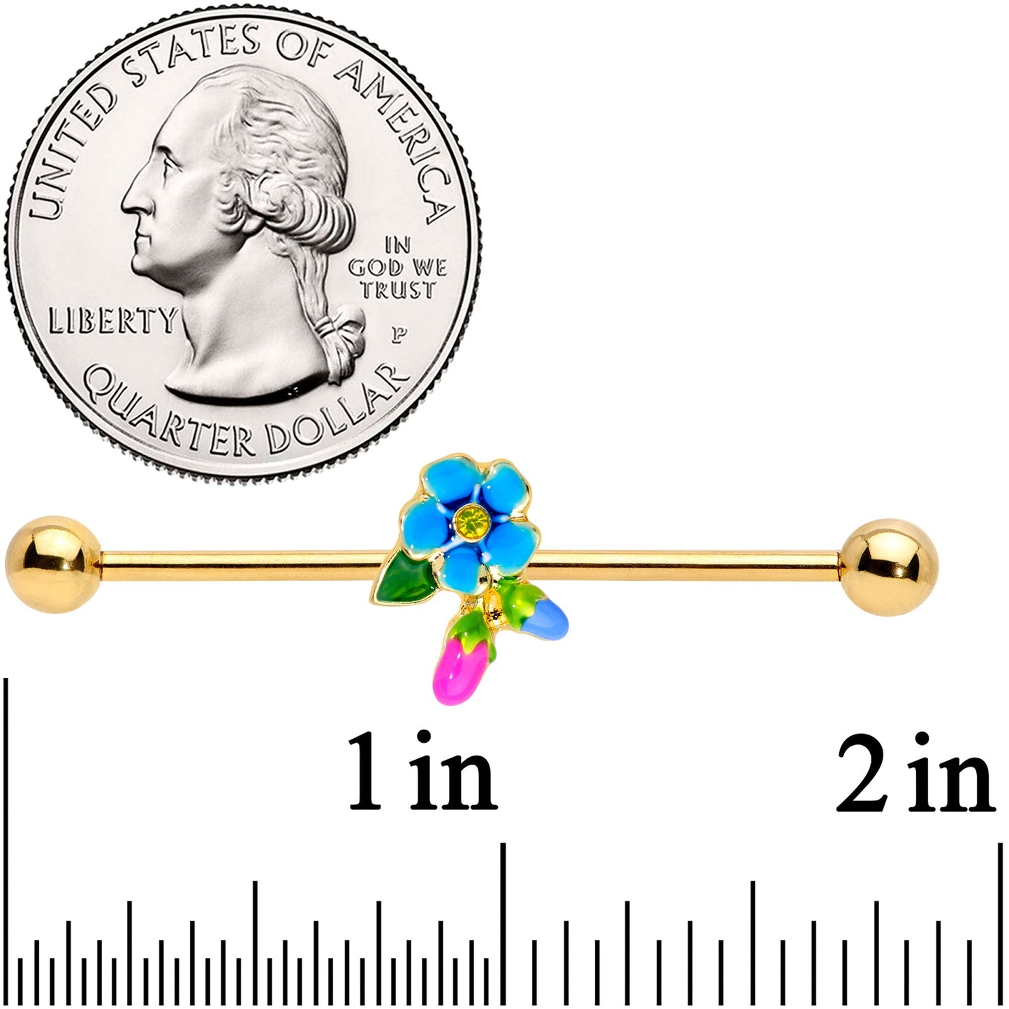 14G Yellow Gem Gold Tone Neon Flower Industrial Barbell 38mm