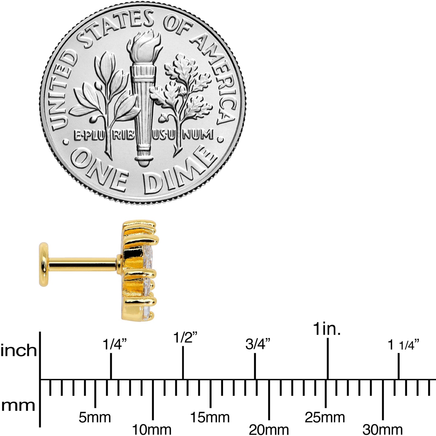 16G 1/4 Clear CZ Gem Gold Tone Fan Internal Thread Labret Tragus