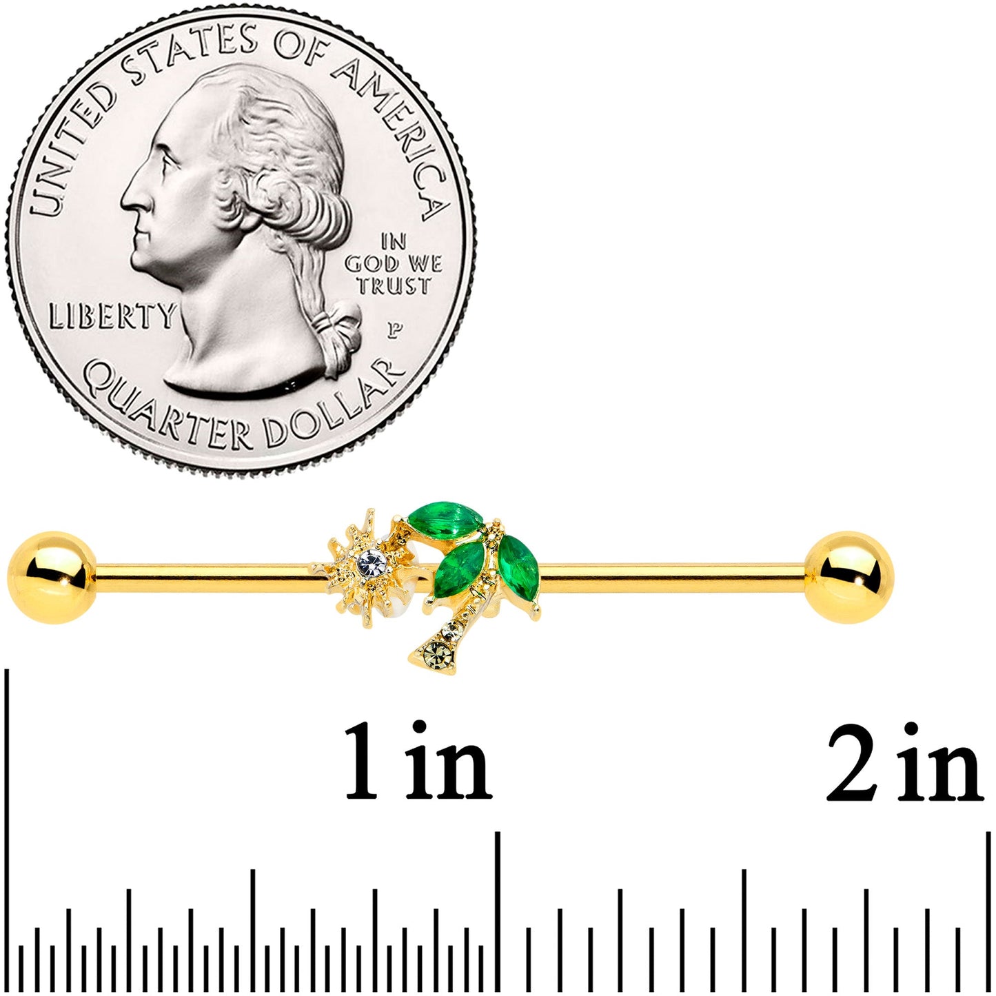 14G Green Gem Gold Tone Sun Palm Tree Industrial Barbell 38mm