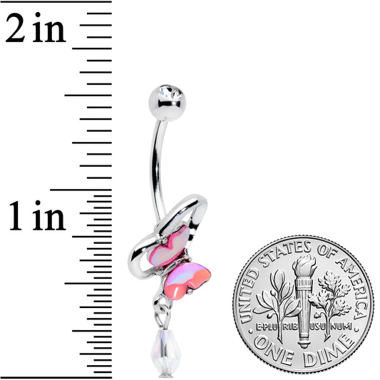 Clear Gem Heart Pink Butterfly Dangle Belly Ring