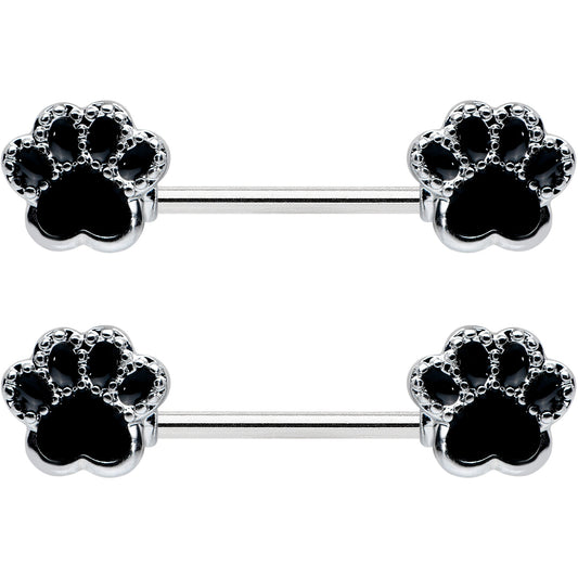 14G 9/16 Textured Black Paw Print Barbell Nipple Ring Set
