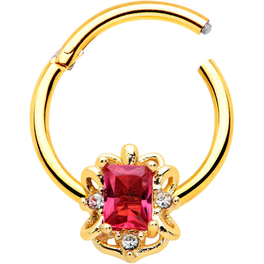 16G 3/8 Clear Pink Gem Gold Tone Open Oblong Hinged Segment Ring