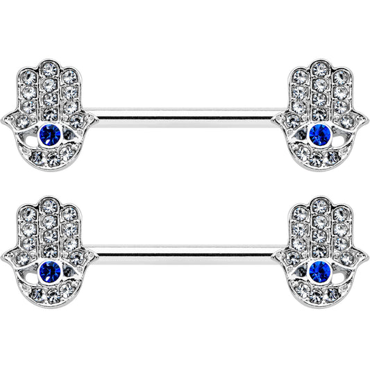 14G 9/16 Clear Blue Gem Eye Hamsa Hand Barbell Nipple Ring Set