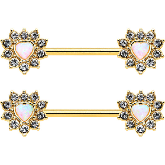 14G 9/16 White Synthetic Opal Gold Tone Sun Heart Nipple Ring Set