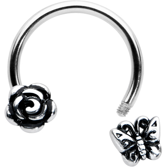 16G 3/8 Antiqued Butterfly Flower Horseshoe Circular Barbell