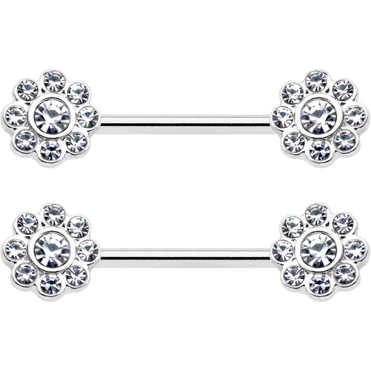 14G 9/16 Clear Gem Whimsy Flower Barbell Nipple Ring Set