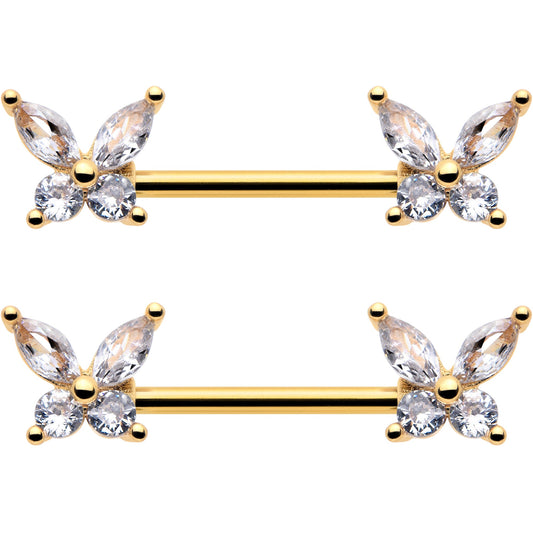 14G 9/16 Clear CZ Gem Gold Tone Butterflies Barbell Nipple Ring Set