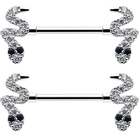 14G 9/16 Clear Black CZ Gem Sexy Snakes Barbell Nipple Ring Set