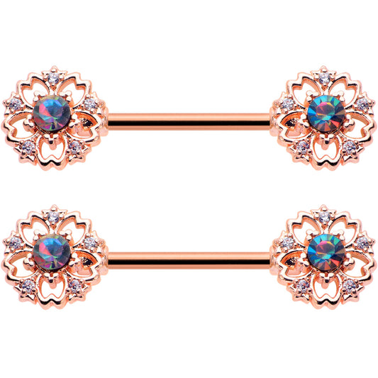 14G 9/16 Vitrail Gem Rosy Hue Flower Barbell Nipple Ring Set