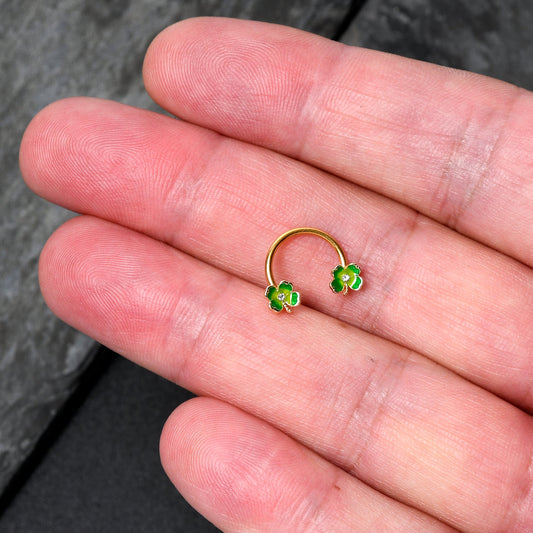 16G 3/8 Clear Gem Gold Hue Lucky Shamrock Horseshoe Circular Barbell