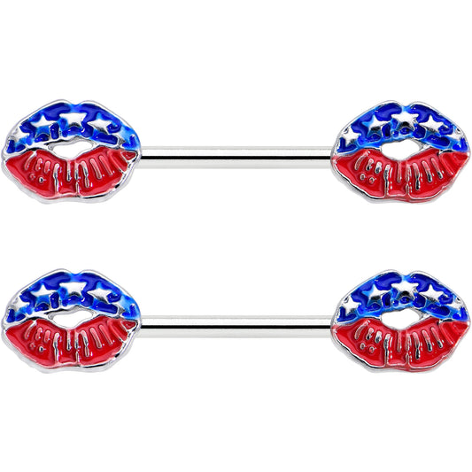14G 9/16 Patriotic Kissy Lips Barbell Nipple Ring Set