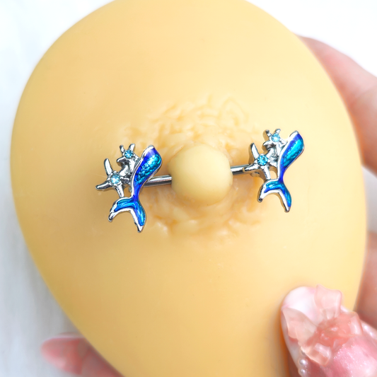 14G 9/16 Blue Gem Blue Mermaid Tail Stars Barbell Nipple Ring Set