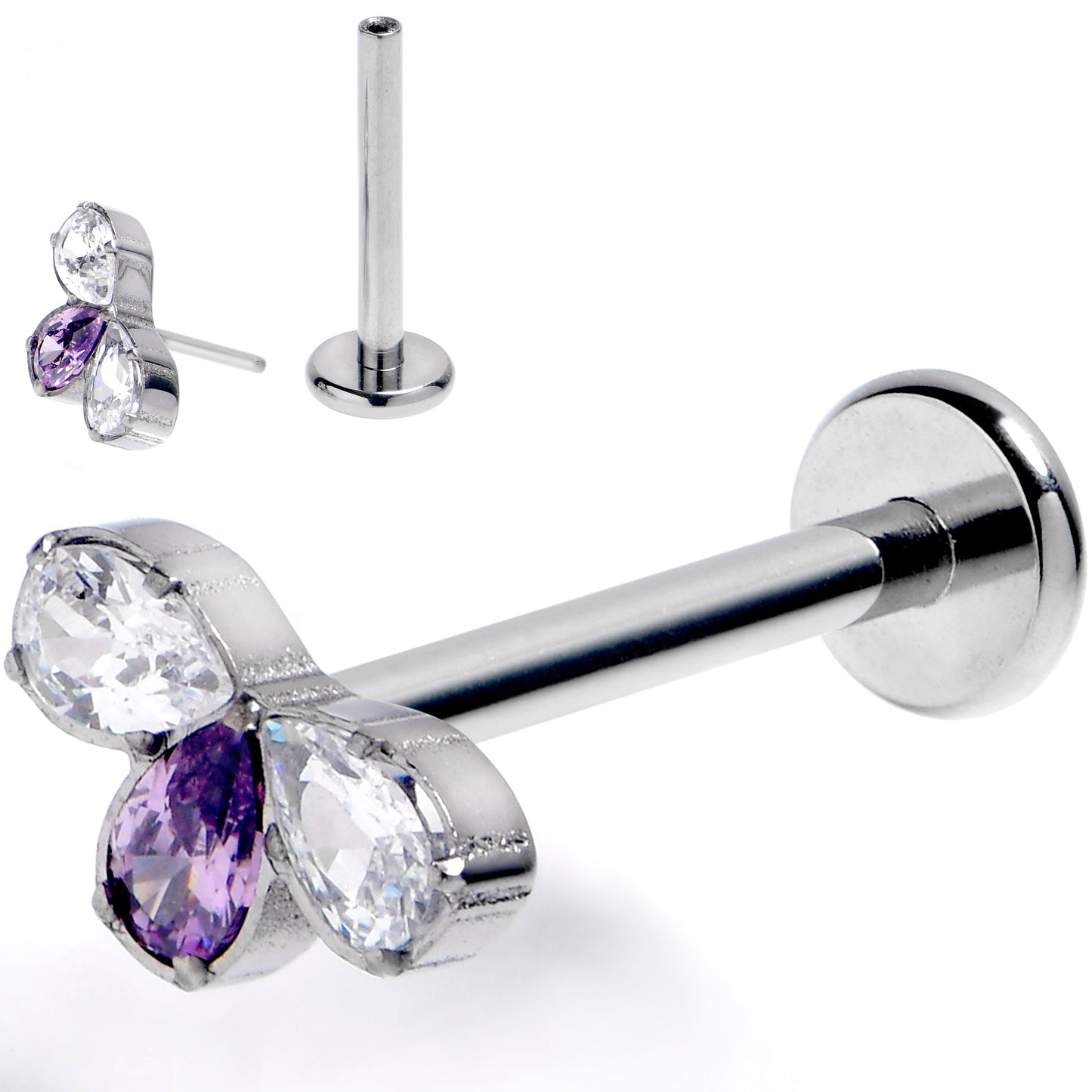 16G 3/8 Purple Gem Grade 23 Titanium Threadless Push In Labret Tragus