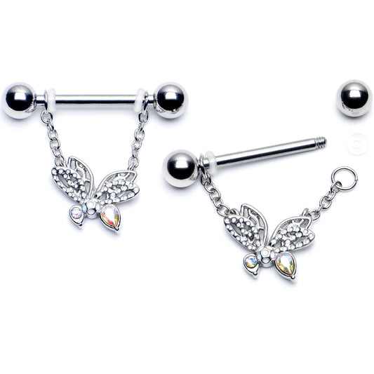 14G 9/16 Aurora CZ Gem Ultra Drama Butterfly Dangle Nipple Ring Set