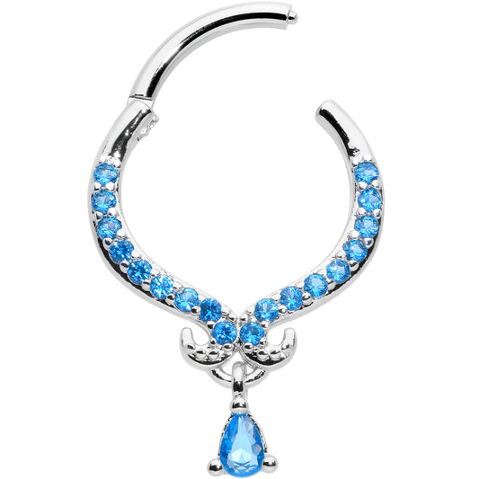 16G 3/8 Blue CZ Gem Elegant Curves Dangle Hinged Segment Ring