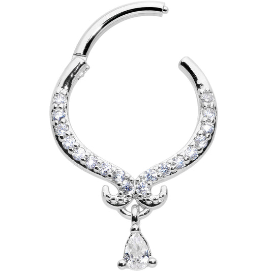 16G 3/8 Clear CZ Gem Elegant Curves Dangle Hinged Segment Ring