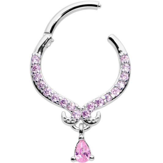 16G 3/8 Pink CZ Gem Elegant Curves Dangle Hinged Segment Ring