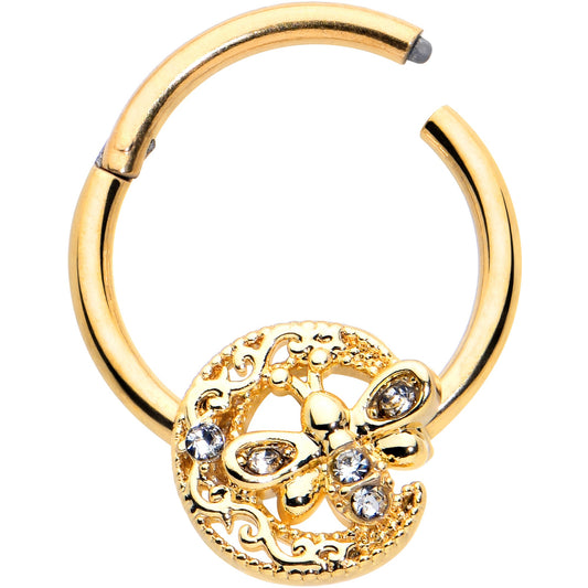 16G 3/8 Clear Gem Gold Tone Lunar Dragonfly Hinged Segment Ring
