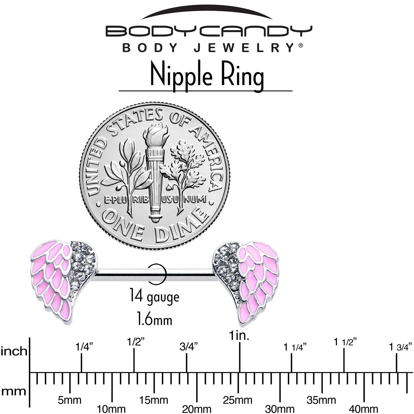 14G 9/16 Clear Gem Heavenly Heart Angel Wing Pink Nipple Ring Set