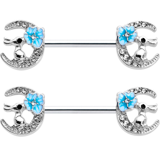 14G 9/16 Clear Gem Rabbit On Moon Flower Blue Nipple Ring Set