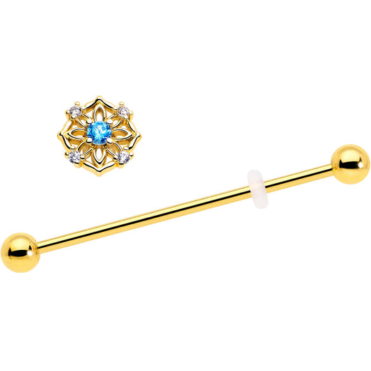 14G Blue CZ Gem Gold Tone Flower Ring Industrial Barbell 38mm