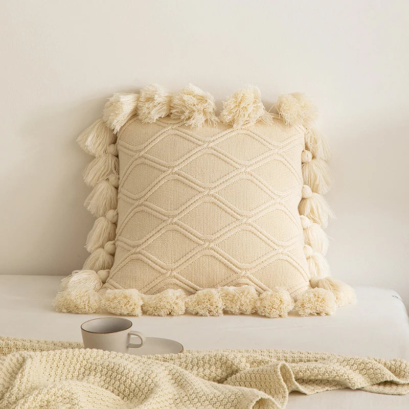 DecorBites™ Boho Style Ivory Green Pink Tassles 45x45cm Cushion Cover for Home Decoration