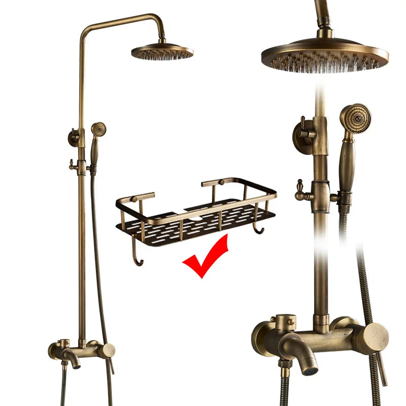 DecorBites™ Brass Shower Faucet Mixer Set with 8" Rainfall Head, Storage Shelf, and Hooks