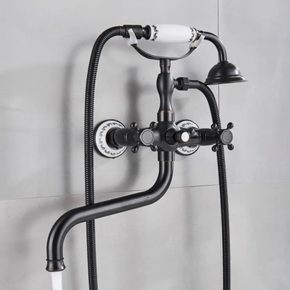 DecorBites™ Brass Antique Tub Faucet with Long Spout, Rotate Handle and Handshower