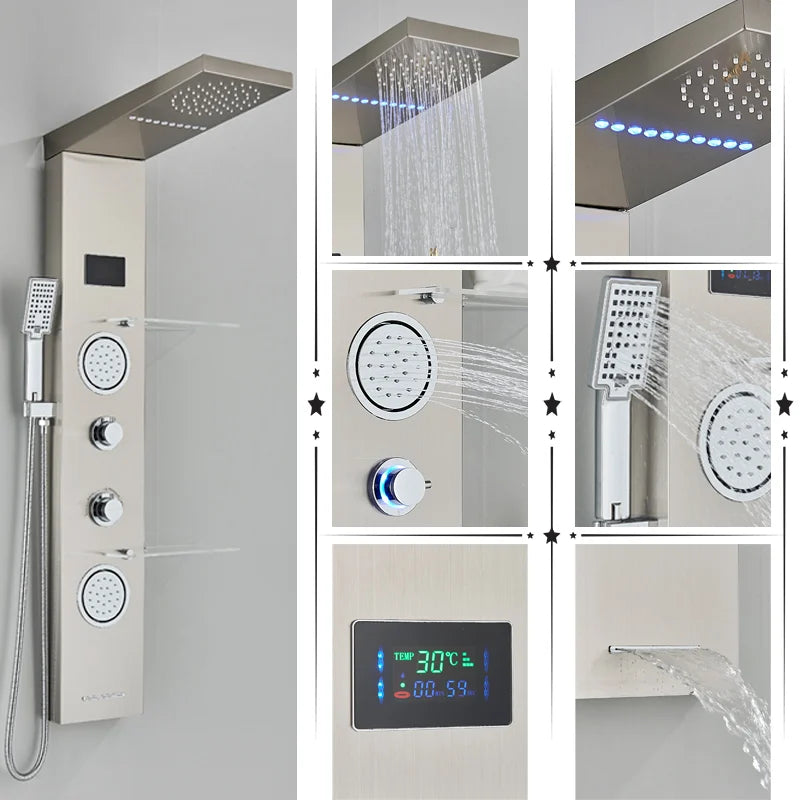DecorBites™ LED Brushed Nickel Shower Panel Set with Temperature Screen