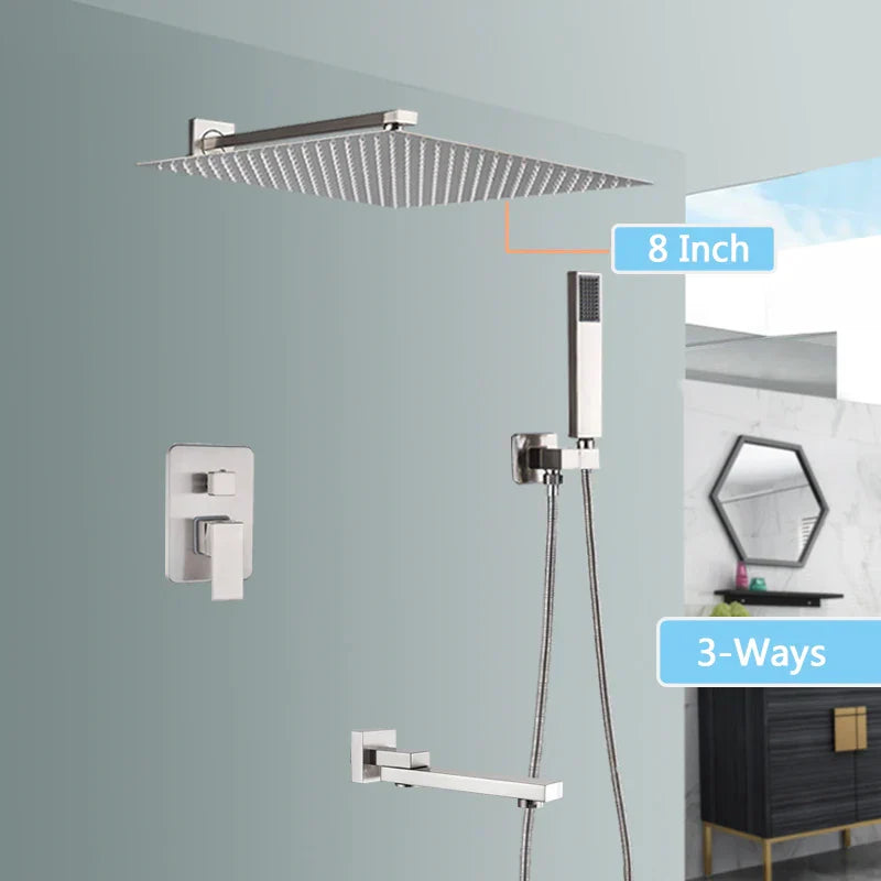DecorBites™ Brushed Nickel Rainfall Shower Faucet Set with Tub Spout - 16" Head