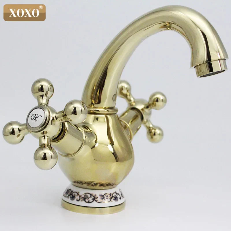 DecorBites™ Double Handle Chrome Basin Faucet with Ceramic Decoration