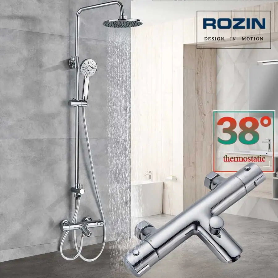 DecorBites™ Black Thermostatic Shower Faucet Set Chrome Wall Mount Rainfall Mixer Tap