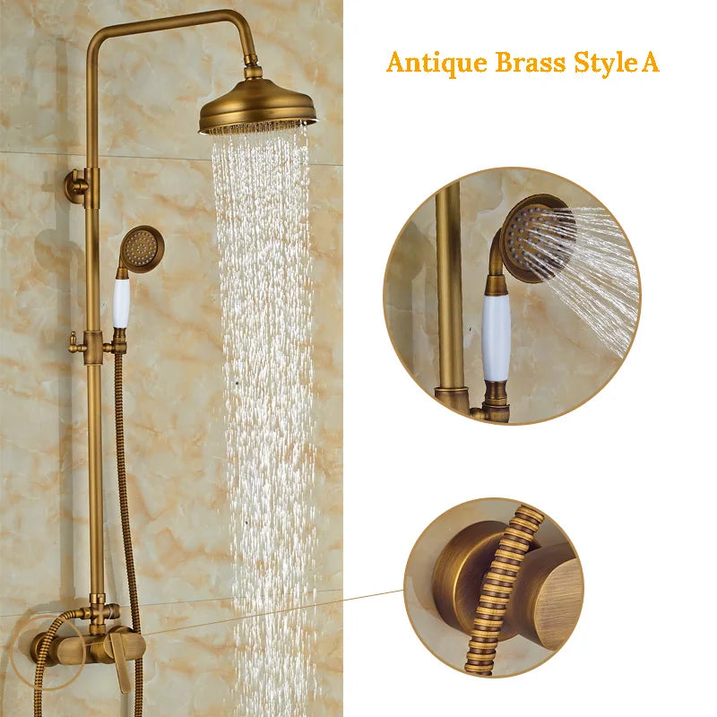 DecorBites™ Antique Brass Shower Set with 8" Rainfall Head and Hand Sprayer