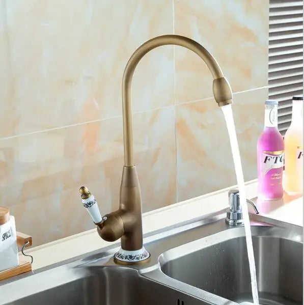 DecorBites™ Antique Brass Porcelain Basin Mixer Hot Cold Tap - 360 Degree Swivel Kitchen Faucet