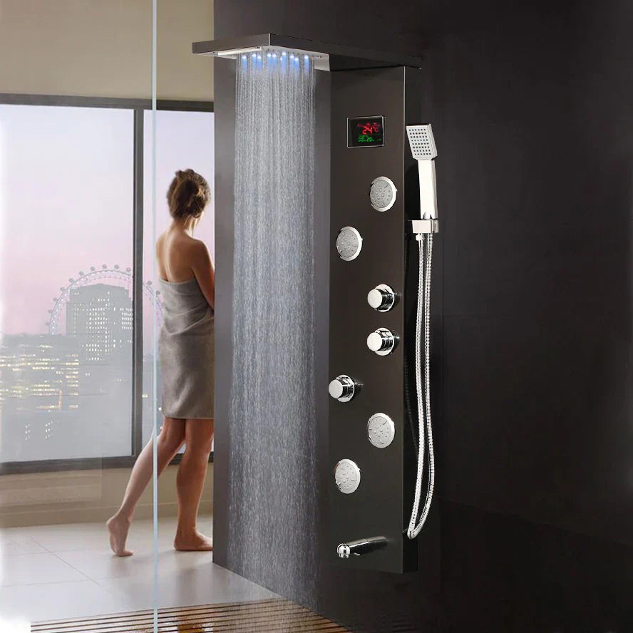DecorBites™ Brushed Nickel Shower Panel with LED Display, Rainfall Head, Jets