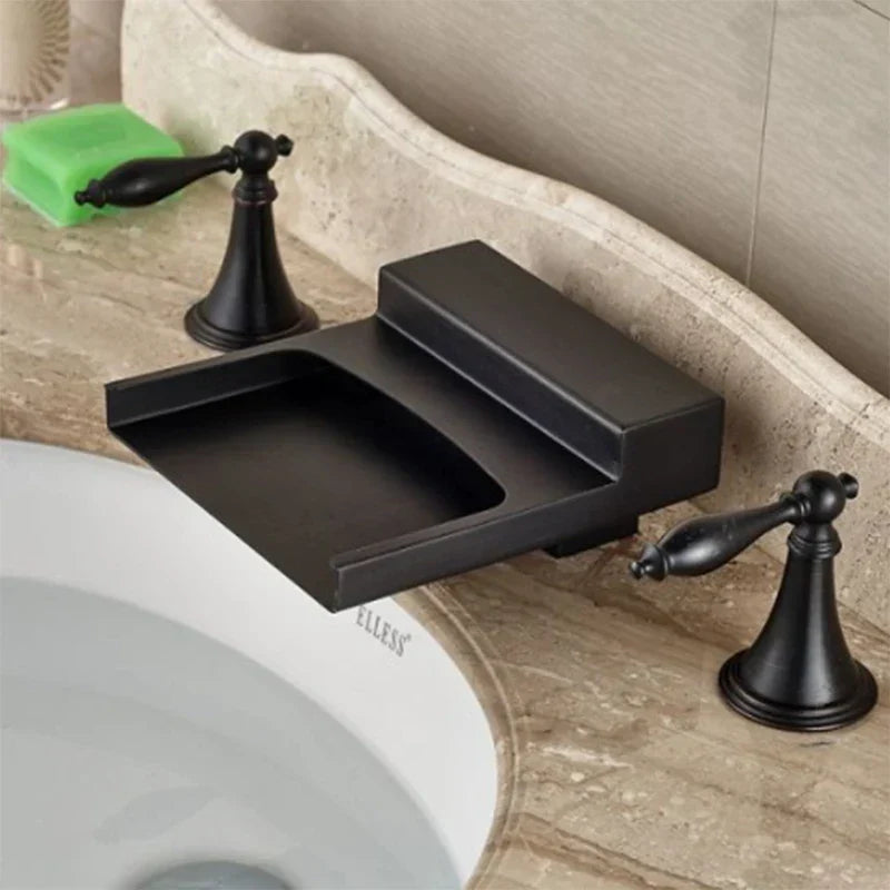 DecorBites™ Black Wide Waterfall Spout Faucet Double Handle Bathroom Mixer Taps