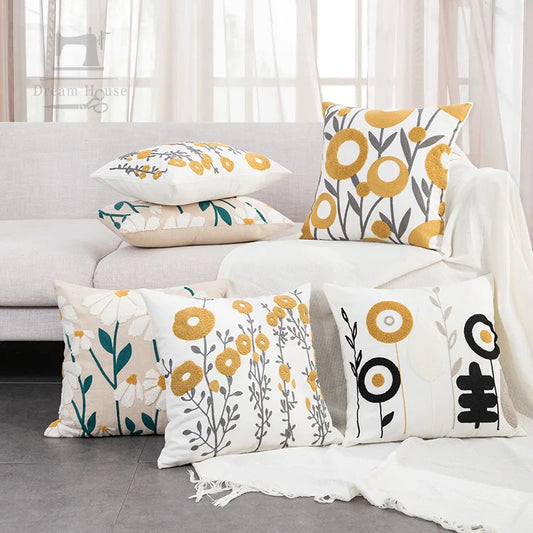 DecorBites™ Embroidered Daisy Floral Fish Pillow Cover 45x45cm/30x50cm Yellow Blue
