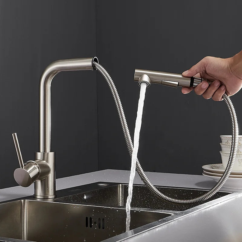 DecorBites™ Brass Brushed Nickel Kitchen Faucet High Arch Swivel Pull Out Spray Mixer Tap