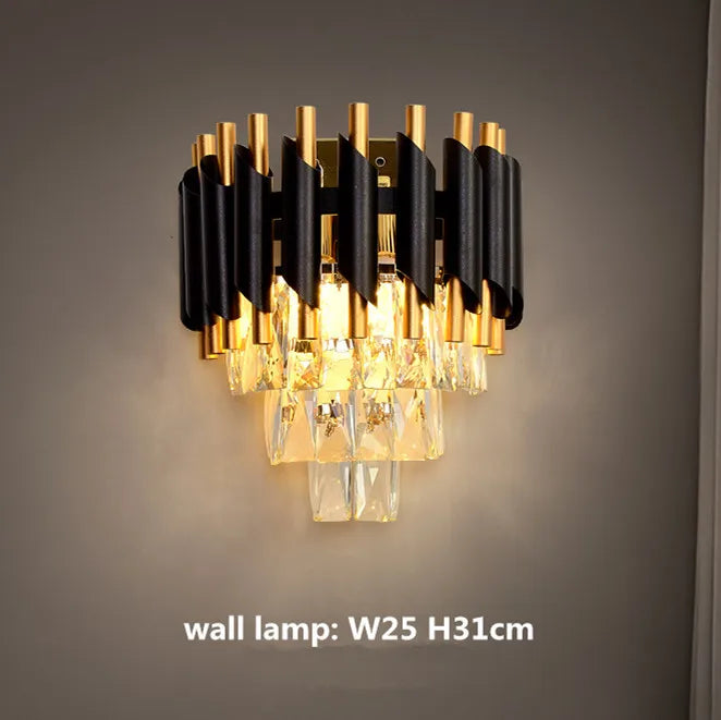 DecorBites™ Black Gold Metal LED Chandelier Living Room Dining Modern Lustre Crystal Hanging Lamp