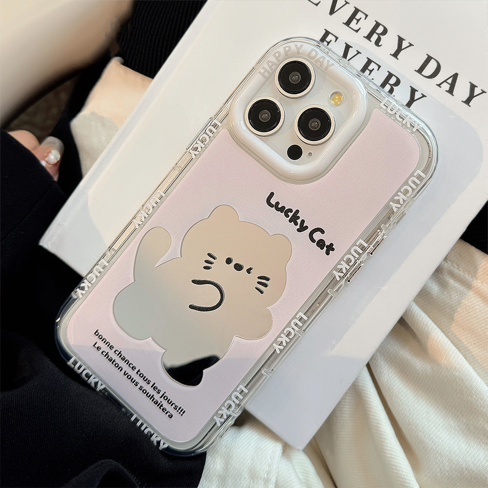 Mirror cute pink cat is suitable for Apple 16 mobile phone case iPhone17ProMax cartoon 12 generation 13 hand rope