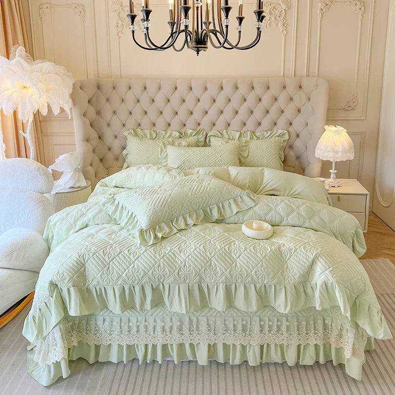 DecorBites™ Korean Princess Style Quilted Bedding Set with Lace Ruffles 200x230cm