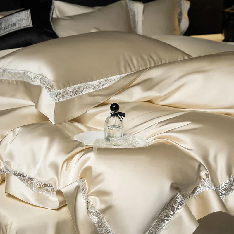 DecorBites™ Luxe Brocade & Egyptian Cotton Bedding Set with Hollow Lace Edge
