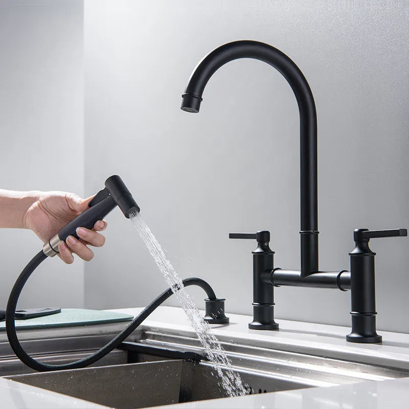 DecorBites™ Brushed Gold Kitchen Faucet with Hand Shower Head Pot Filler Tap & Black Sink Spout