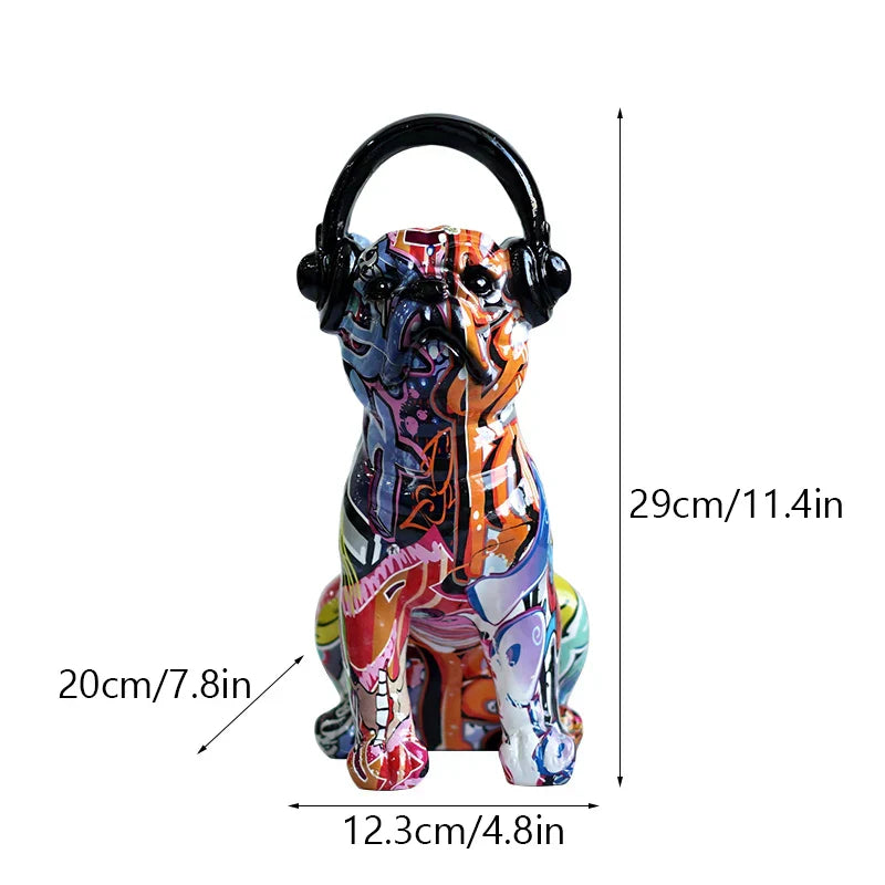 DecorBites™ Bulldog Headphone Figurines: Resin Graffiti Art Dog Statue Desktop Decor