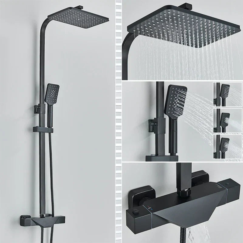 DecorBites™ Black Thermostatic Shower Faucet Rain Head System for Wall Mount Installation