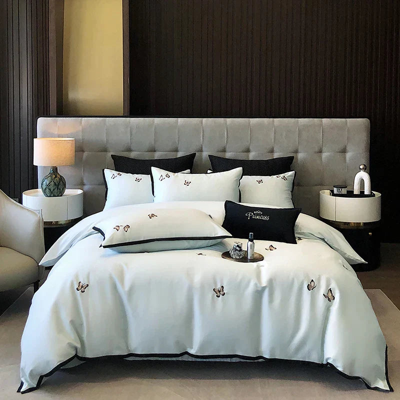DecorBites™ 600TC Egyptian Cotton Butterfly Embroidery Bedding Set: Duvet, Sheet, Pillowcases