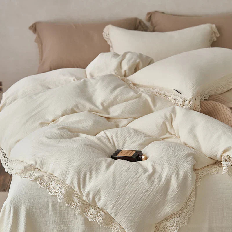 DecorBites™ Lace Edge Cotton Bedding Set for Soft Skin with Duvet, Sheets, and Pillowcases